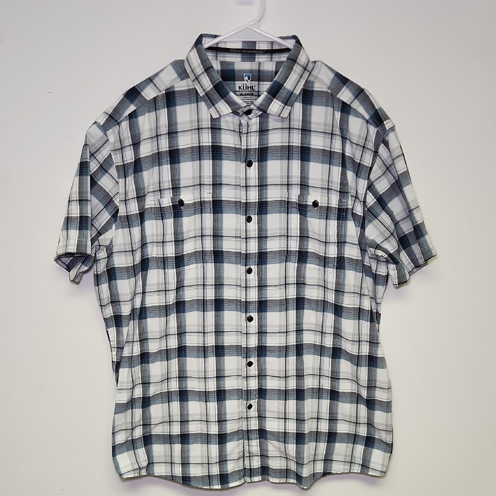 KUHL Men’s XL Tapered Fit Short Sleeve Plaid Button-Up Shirt – Blue/White